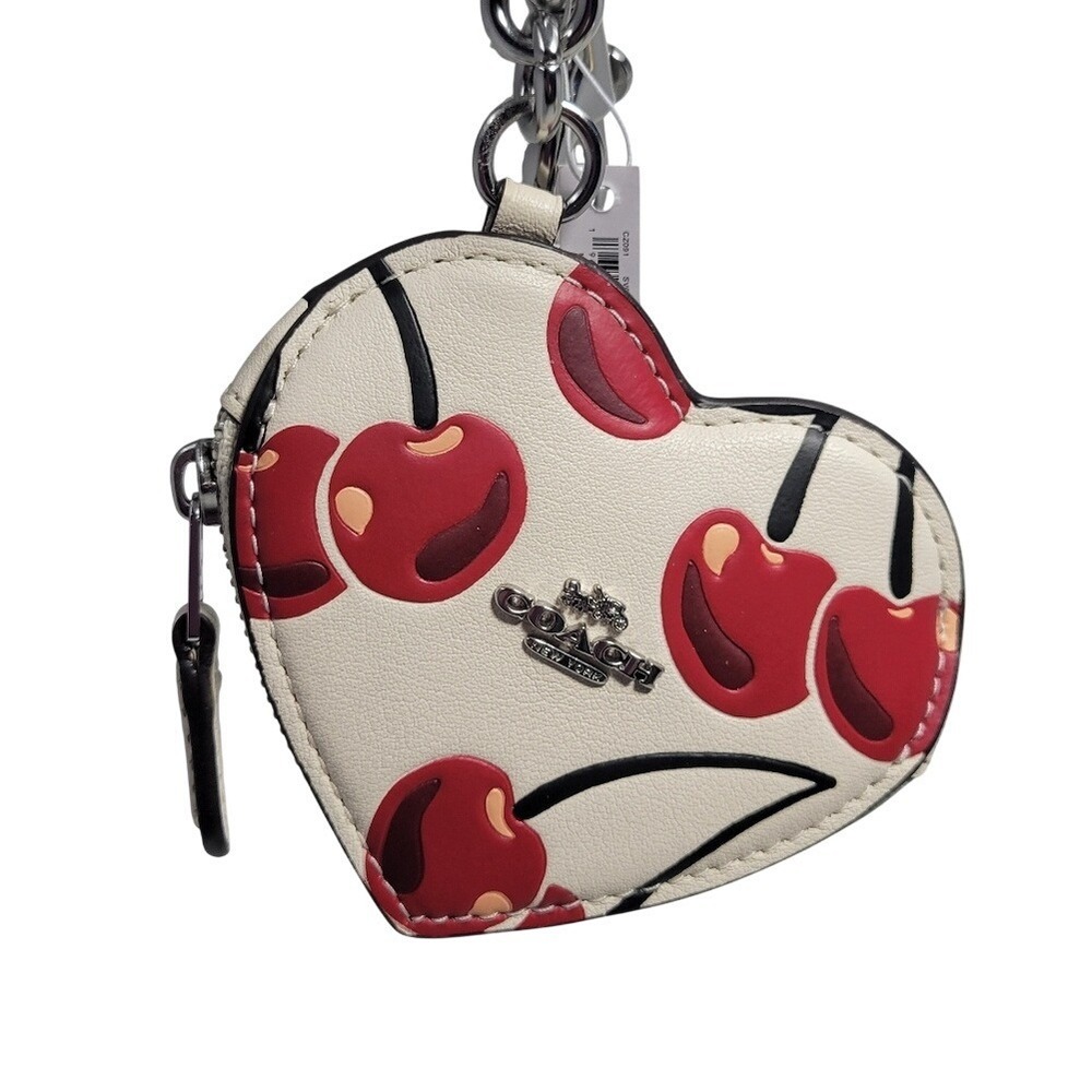 Coach Heart‎ Coin Case Womens OS White New Cherry Print Bag Charm CZ091